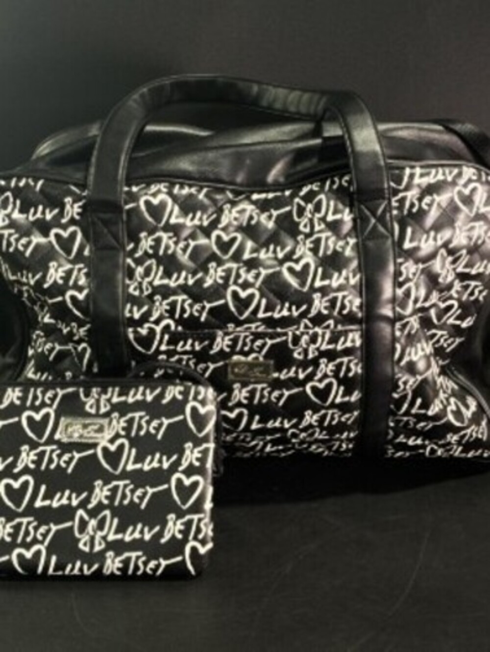 Betsey Johnson Black and White Luv Betsey Weekender Bag with Matching Pouch